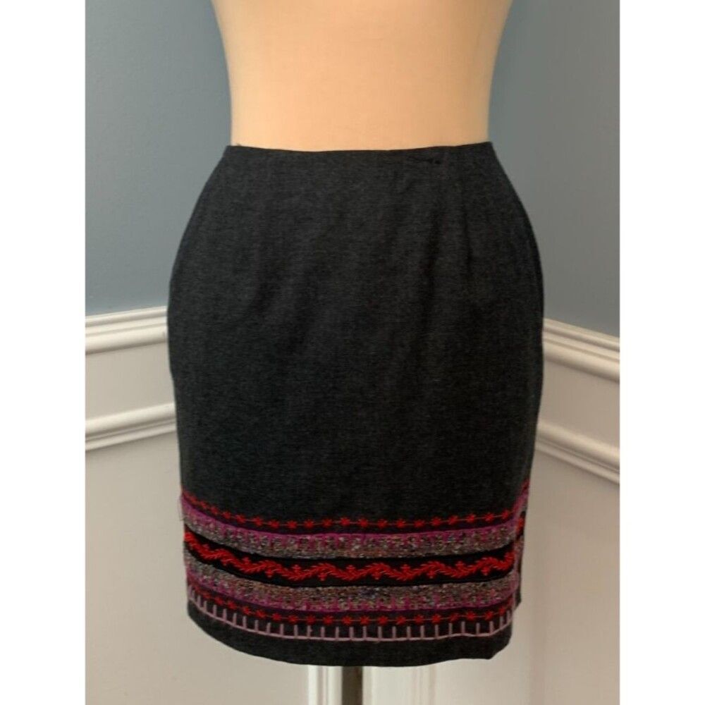 Privata Skirt Womens 4 Pencil 100% Wool Flannel Embroidered Lined Boho Vintage